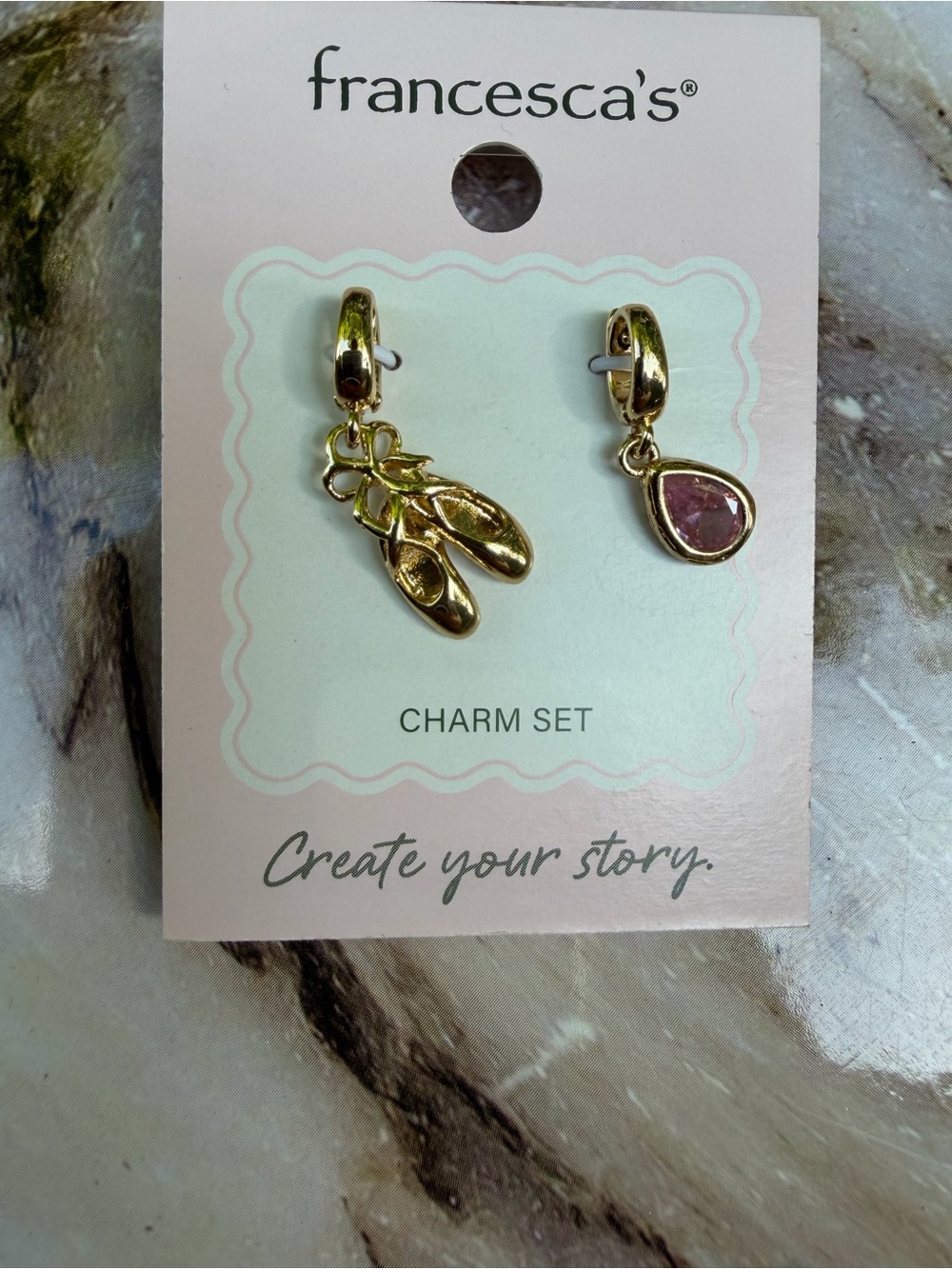 Francesca's Collections Gold Ballet Shoe Charm Earrings with Pink Teardrop